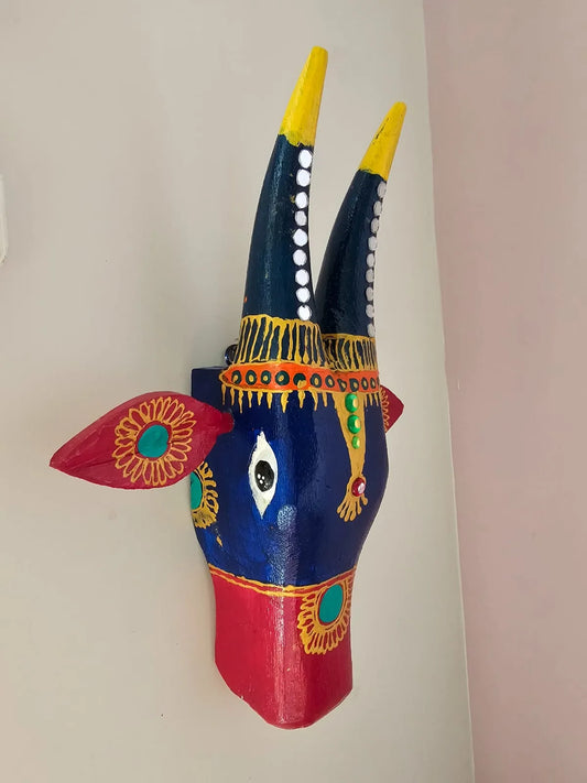 Hand-Painted Wooden Nandi Head- Blue and Red