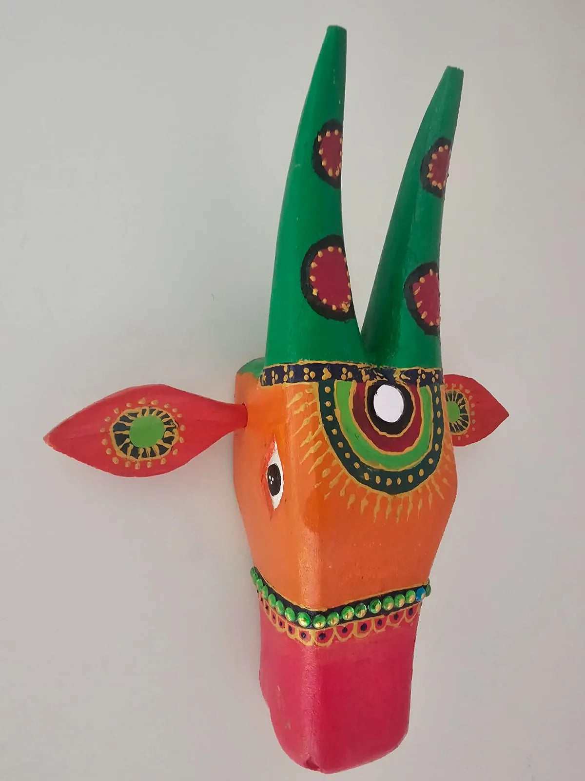 Hand Painted Nandi Head- Orange and Green