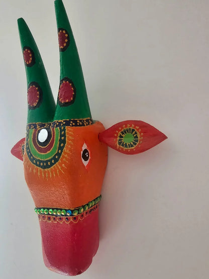 Hand Painted Nandi Head- Orange and Green