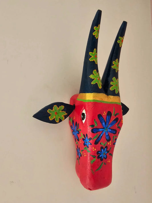 Hand Painted Nandi Head- Red with Blue Floral