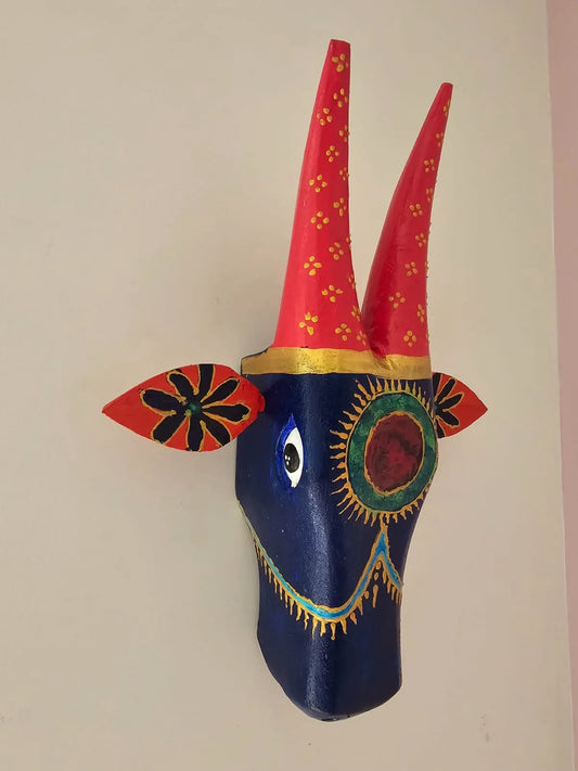 Hand Painted Nandi Head- Blue and Pink Horns