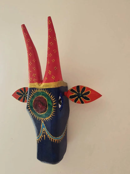 Hand Painted Nandi Head- Blue and Pink Horns