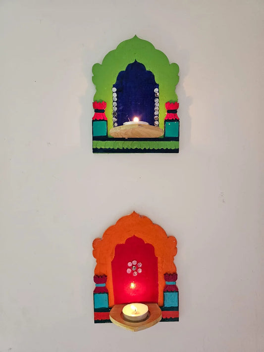 Tlight Candle Holder- Jharokha- Orange + Green