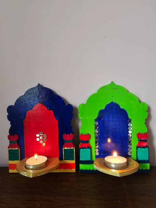 Tlight Candle Holder-Jharokha-Blue+Green