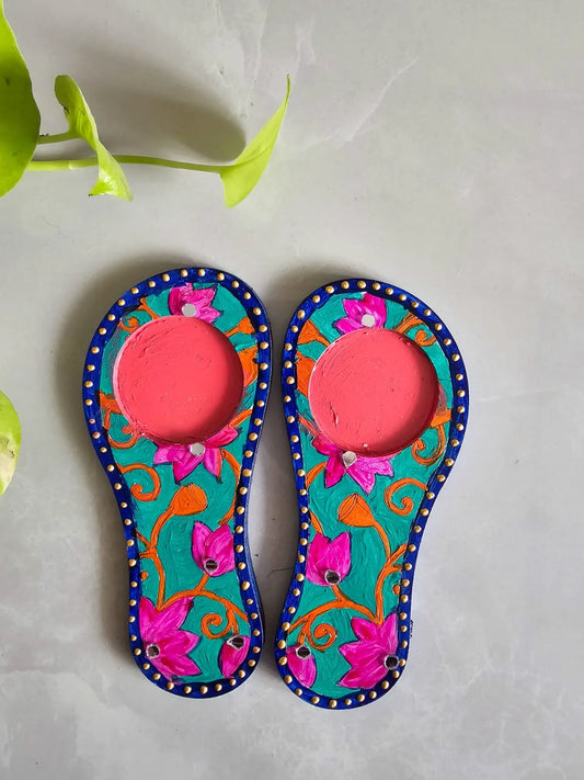 Tlight Candle Holder-laxmi Paduka-Green+pink