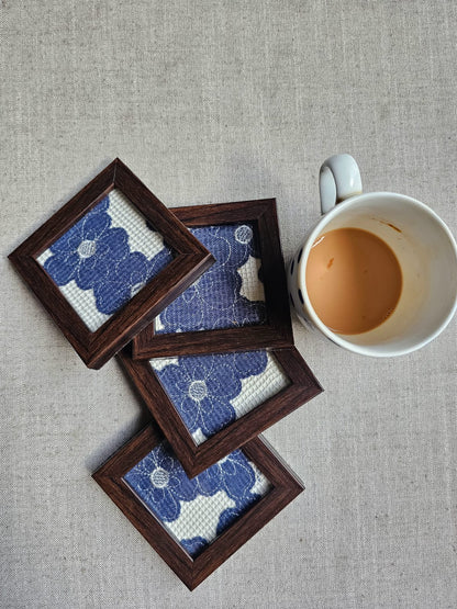 Fabric Coasters-White with Blue Flowers