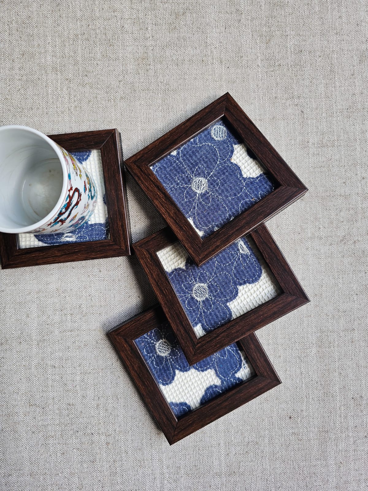 Fabric Coasters-White with Blue Flowers