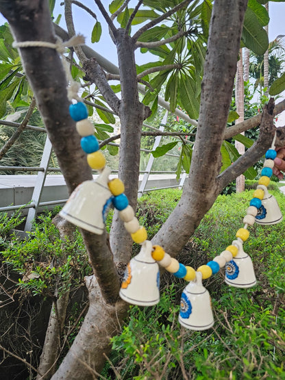Ceramic Buntings- White Floral Bell+Blue-Yellow Beads