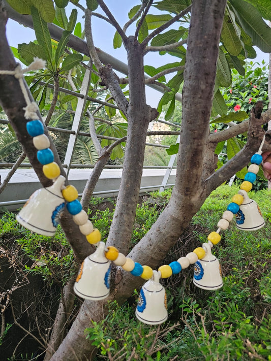 Ceramic Buntings- White Floral Bell+Blue-Yellow Beads