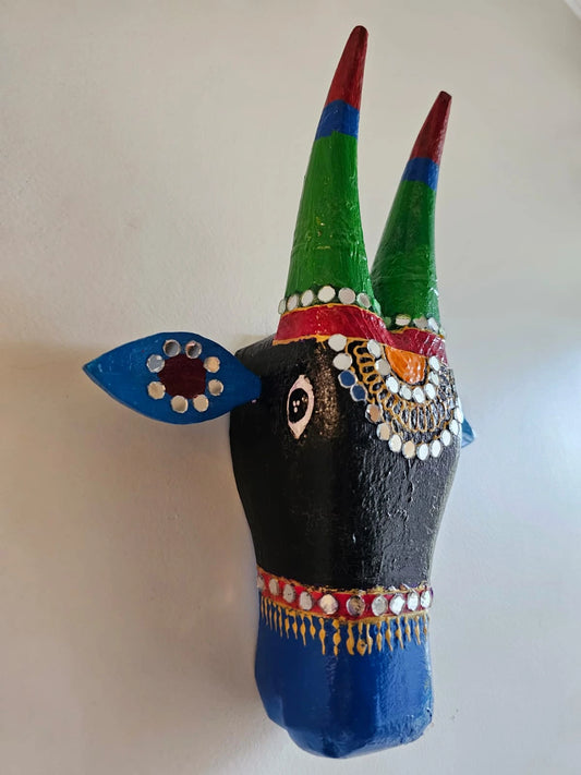 Hand-Painted Wooden Nandi Head- Black and Blue