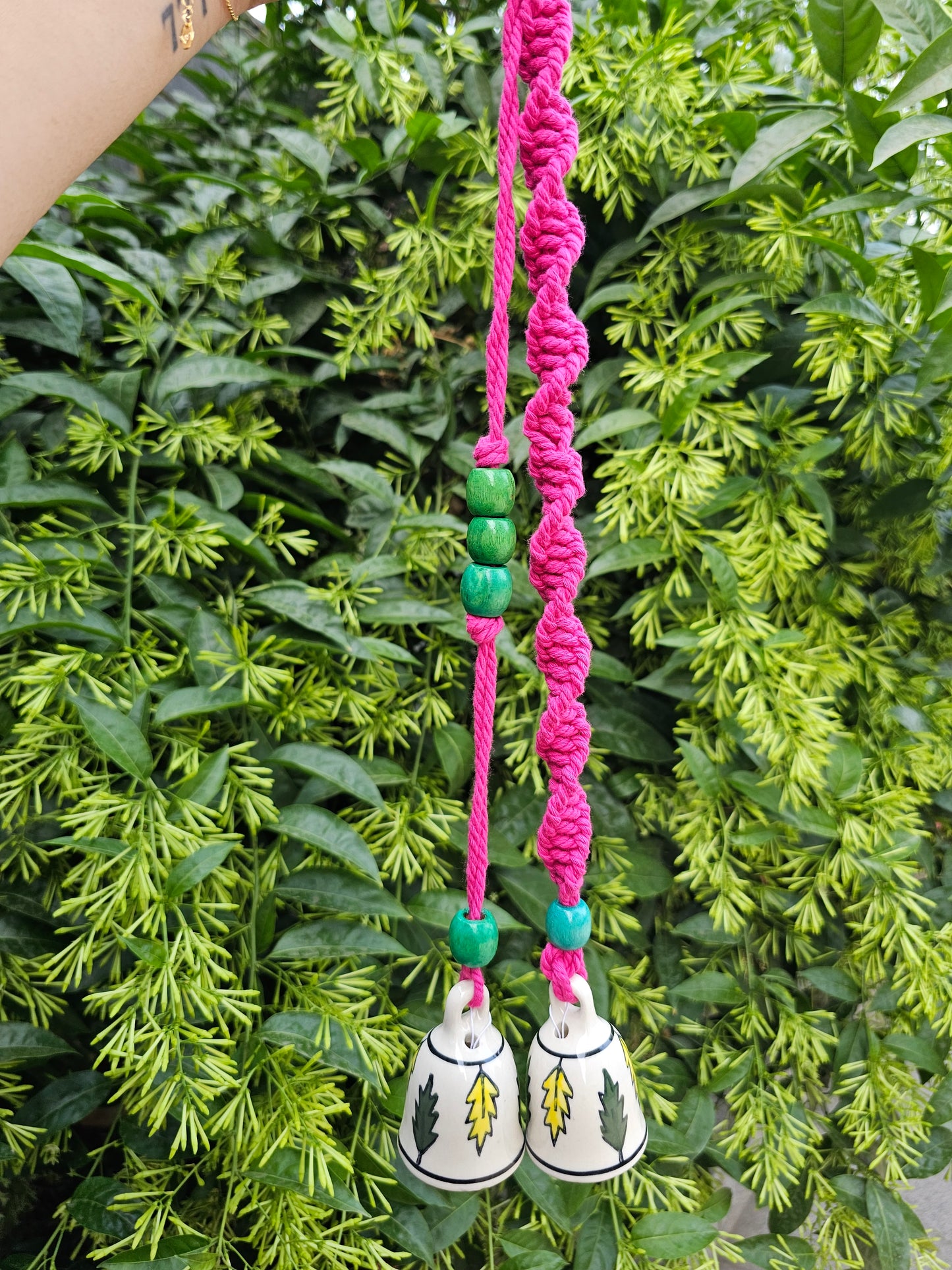 2 Bells Wind Chime-Ivory Leaves+Pink Macrame