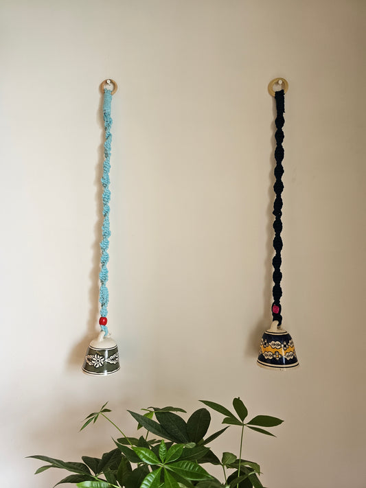 Ceramic Bell pair-light blue and Dark blue Macrame