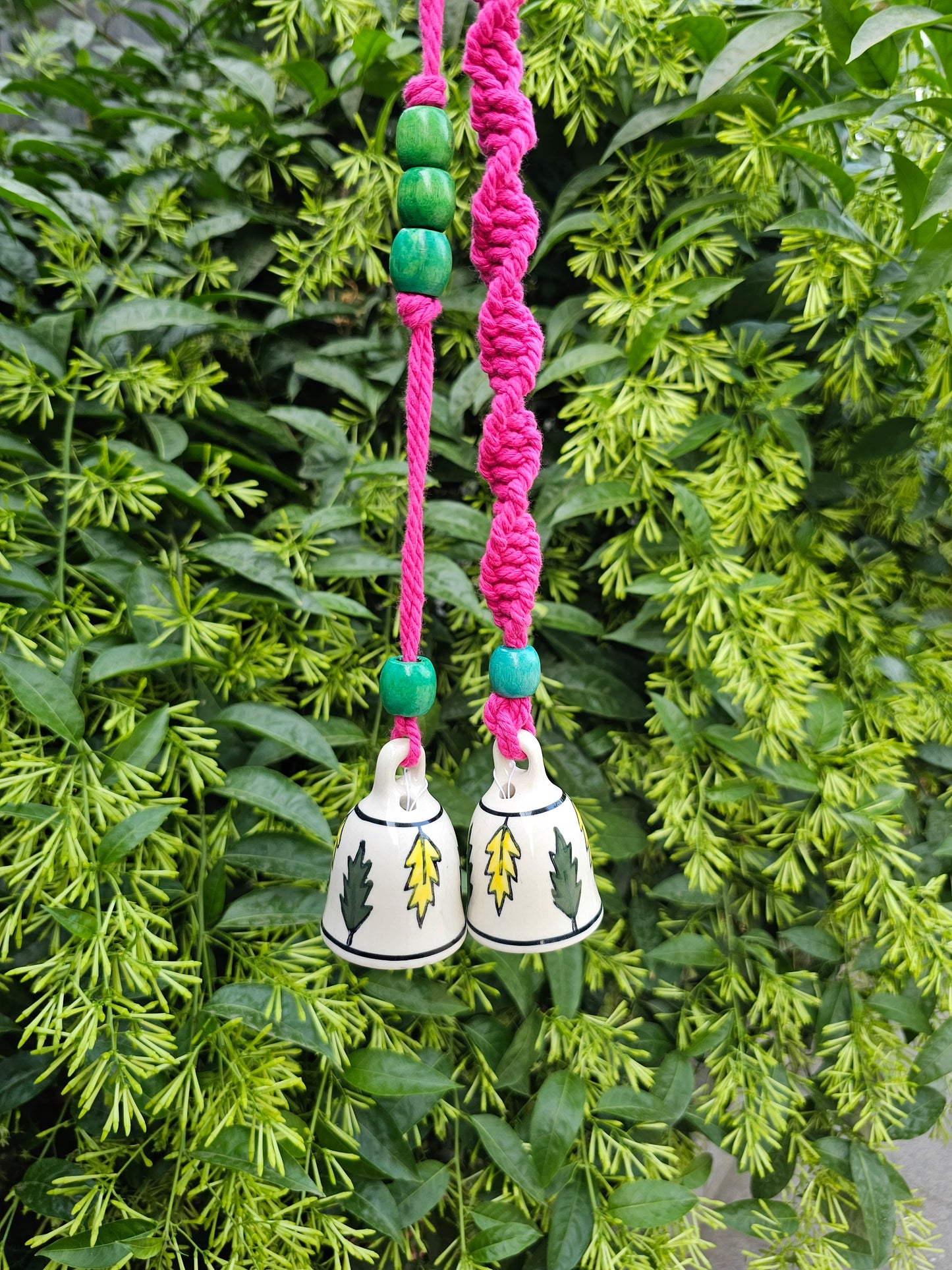 2 Bells Wind Chime-Ivory Leaves+Pink Macrame