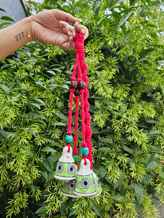 4 Bell Wind Chime-Green Bell+Red Macrame