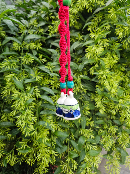 2 Bells Wind Chime-Blue/Green Bells +Red Macrame
