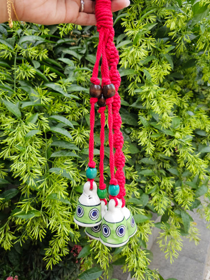 4 Bell Wind Chime-Green Bell+Red Macrame