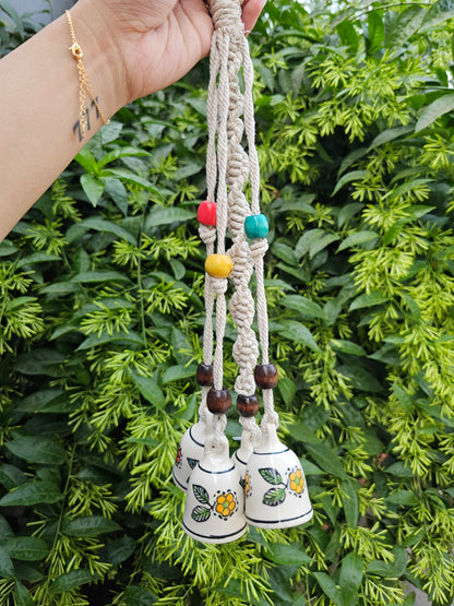 4 Bells Wind Chime-Ivory floral+White Macrame