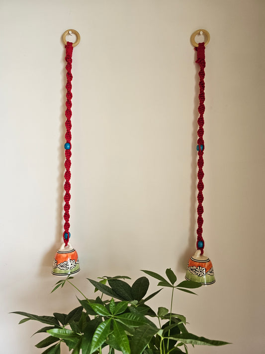 Ceramic Bell Pair-Orange bell with Red Macrame