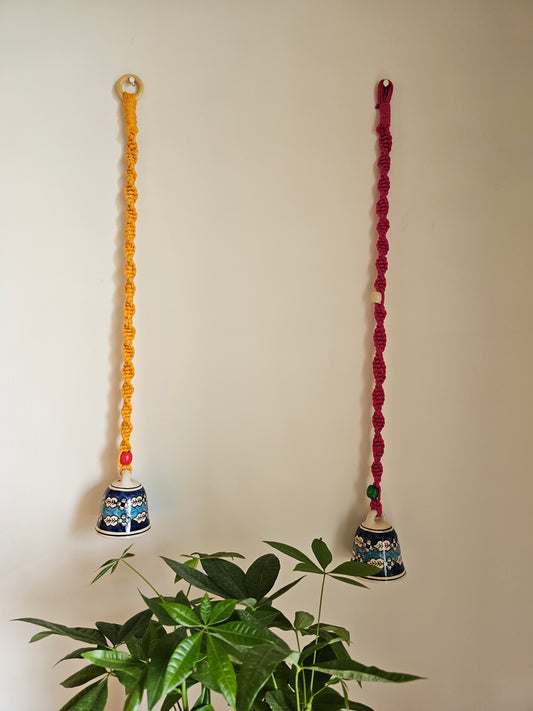 Ceramic Bell Pair-Yellow and Red Macrame