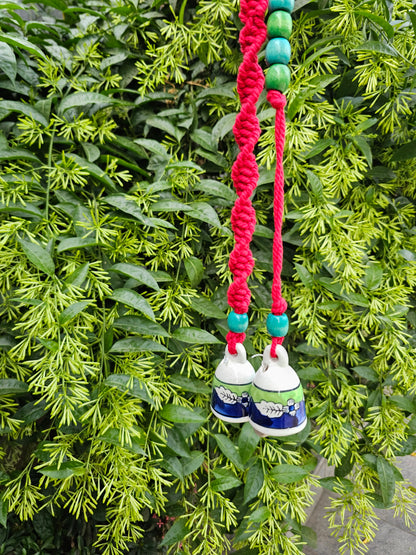 2 Bells Wind Chime-Blue/Green Bells +Red Macrame