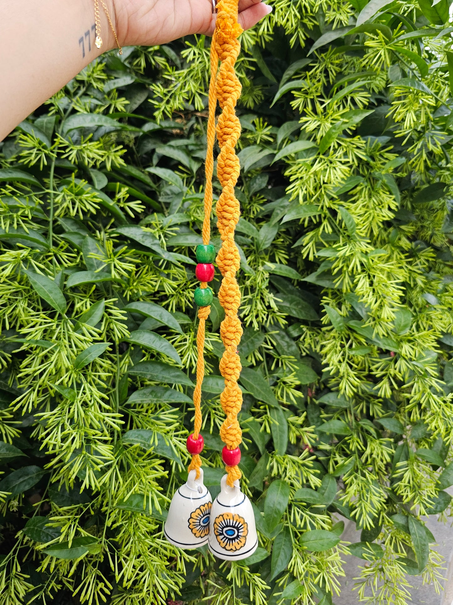 2 Bells Wind Chime-Ivory floral+Yellow Macrame