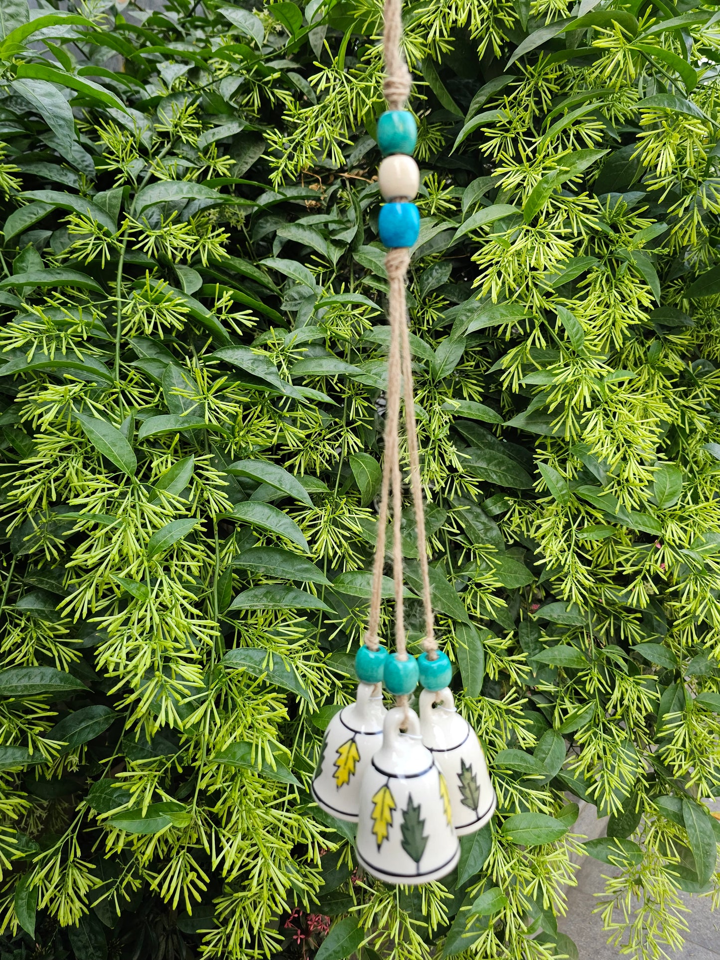 3 Bells Wind Chime-Ivory Leaves Bells+Jute