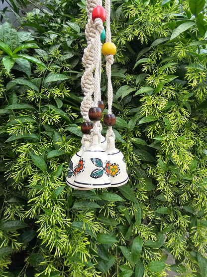 4 Bells Wind Chime-Ivory floral+White Macrame