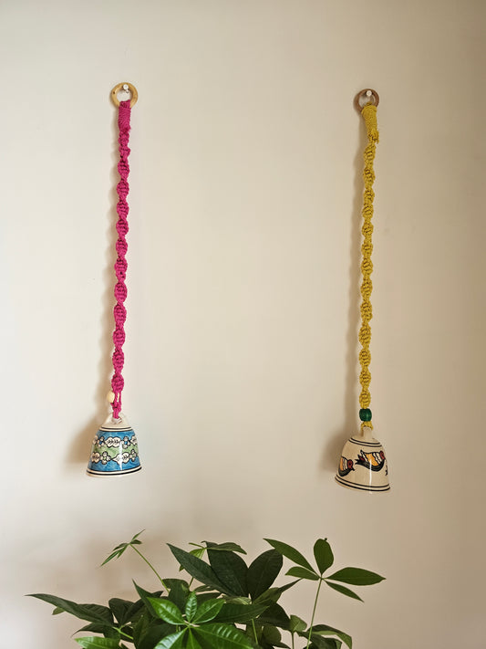 Ceramic Bell pair-Yellow and Red Macrame