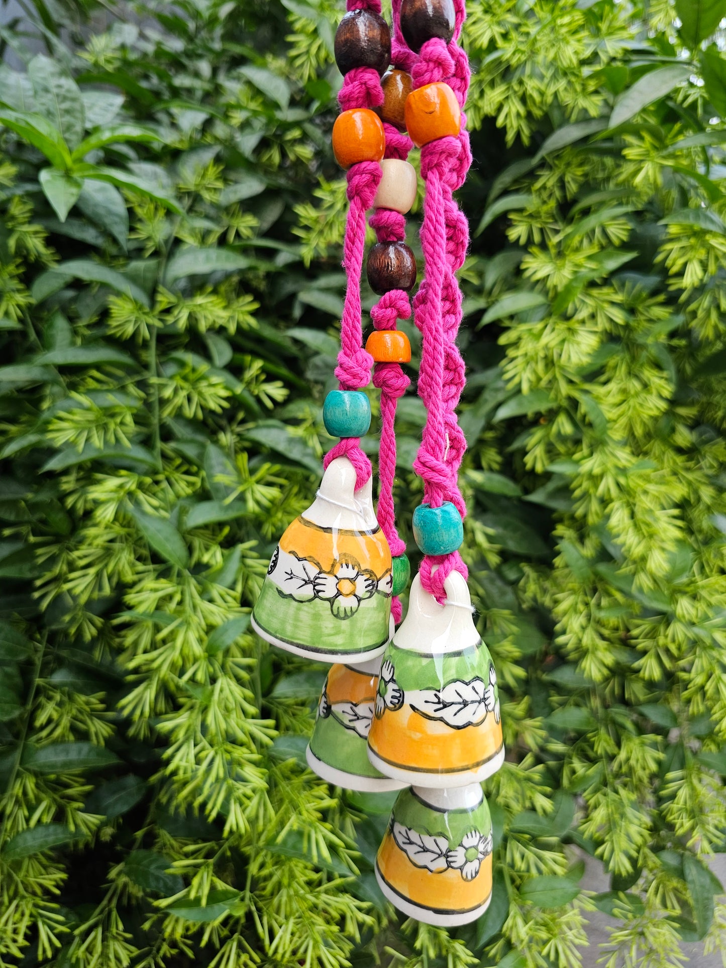 4 Bells Wind Chime-Yellow +Green Bells with Pink Macrame