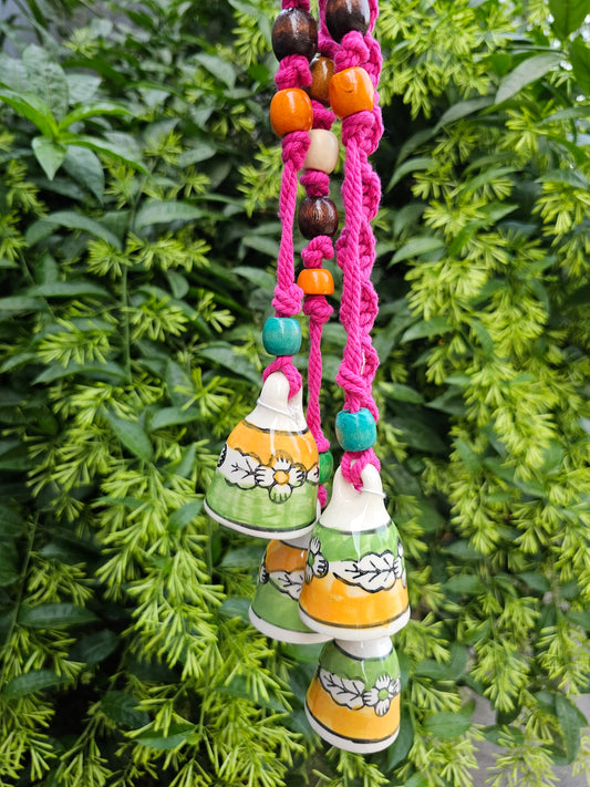 4 Bells Wind Chime-Yellow +Green Bells with Pink Macrame